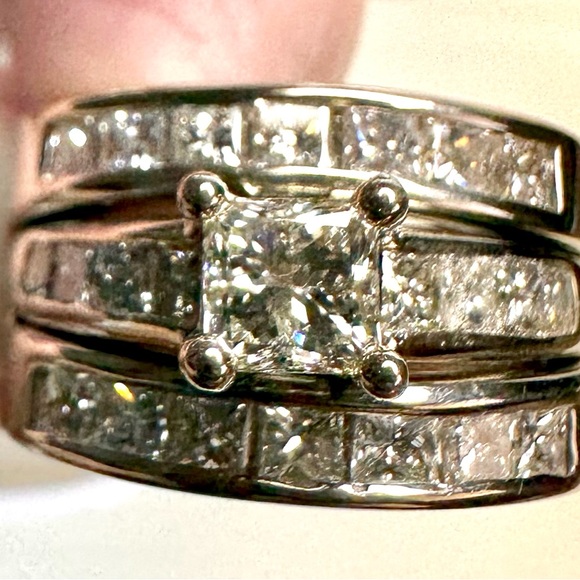Four carat total weight princess cut 14 karat white gold three ring wedding set. - Picture 3 of 7